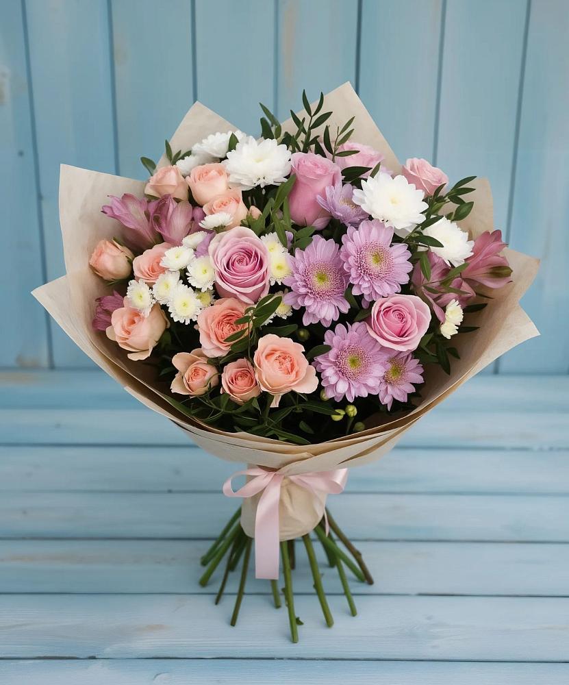 Букет цветов из: Хризантемы, Розы и Альстромерии в Дергаево