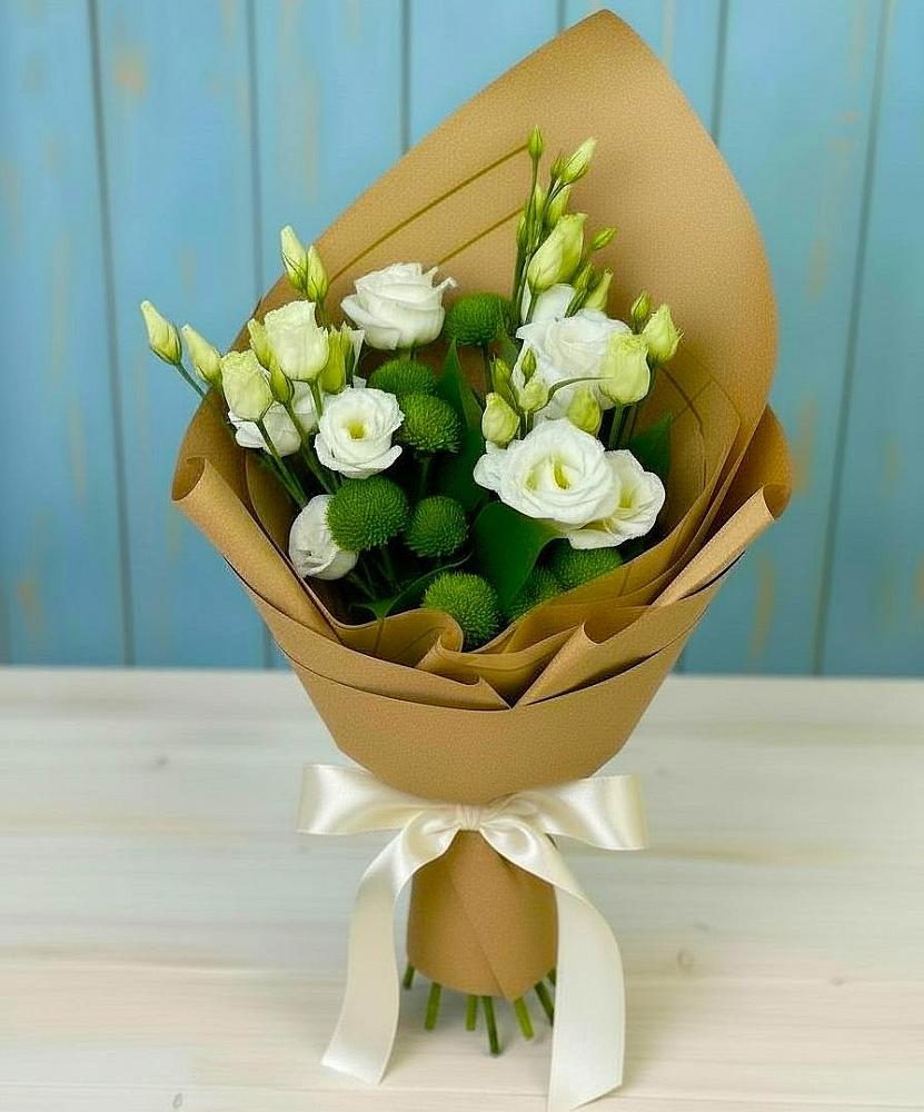 Букет цветов из: Хризантемы и Лизиантусы в Дергаево