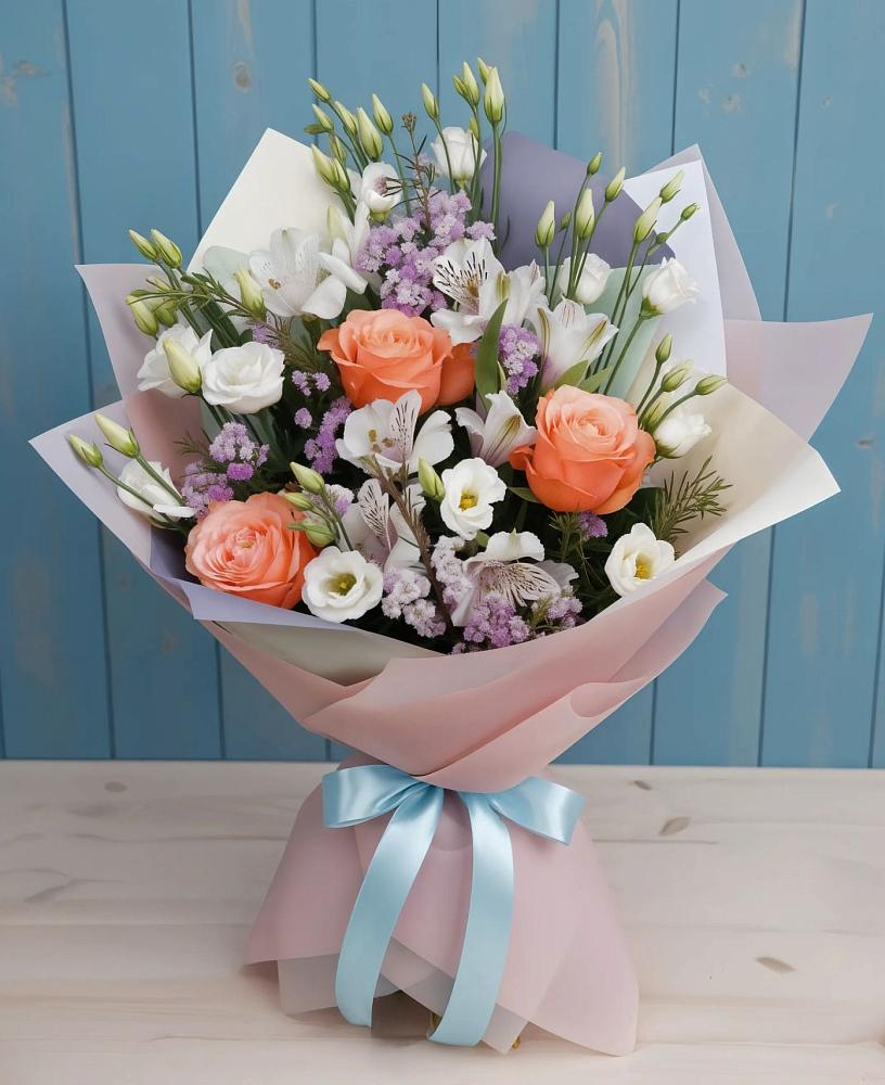 Букет цветов из: Лизиантусы, Розы, Альстромерии и Гипсофила в Дергаево