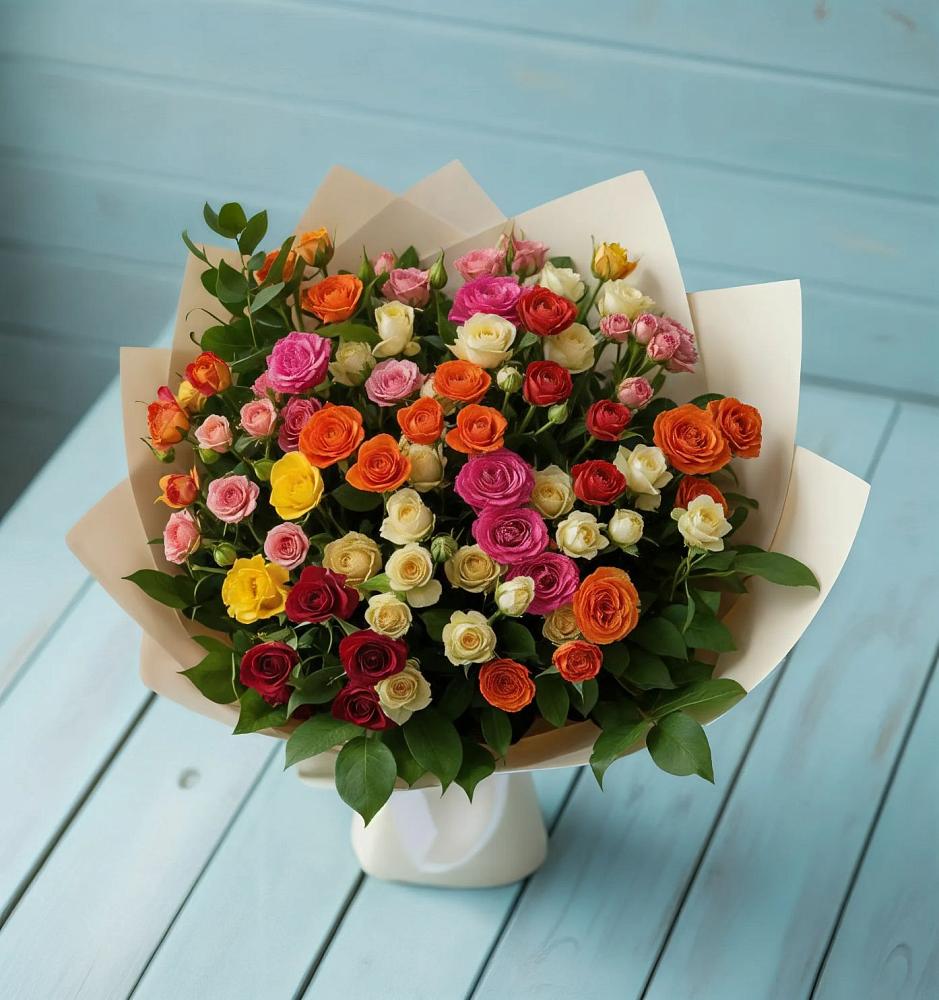 Букет Микс из разноцветных кустовых роз в Дергаево