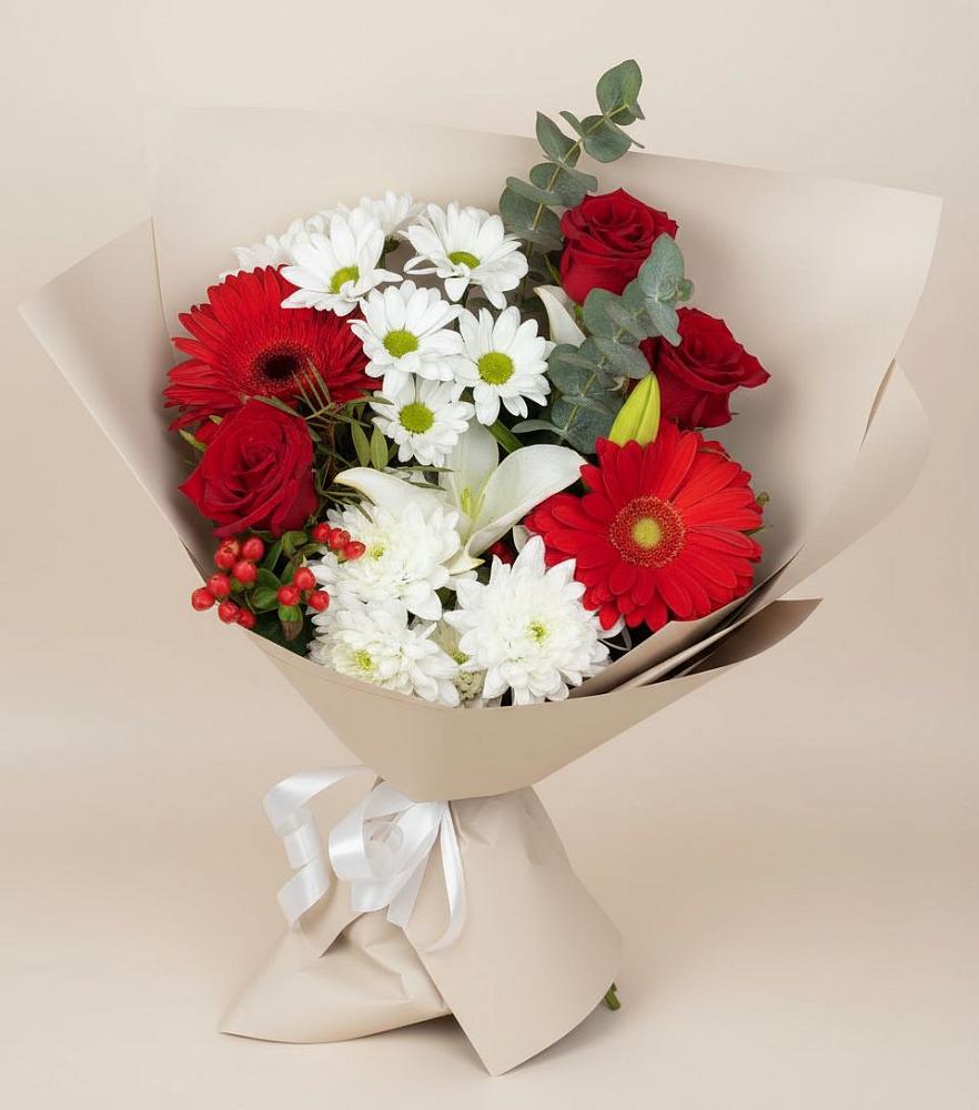Букет цветов из: Розы, Хризантемы, Герберы и Лилии в Дергаево