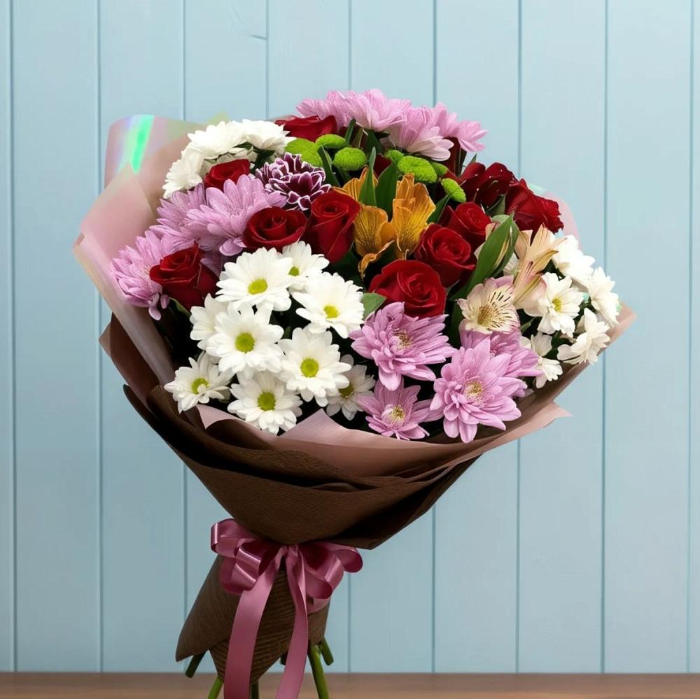 Букет цветов из: Розы, Хризантемы и Альстромерии в Дергаево