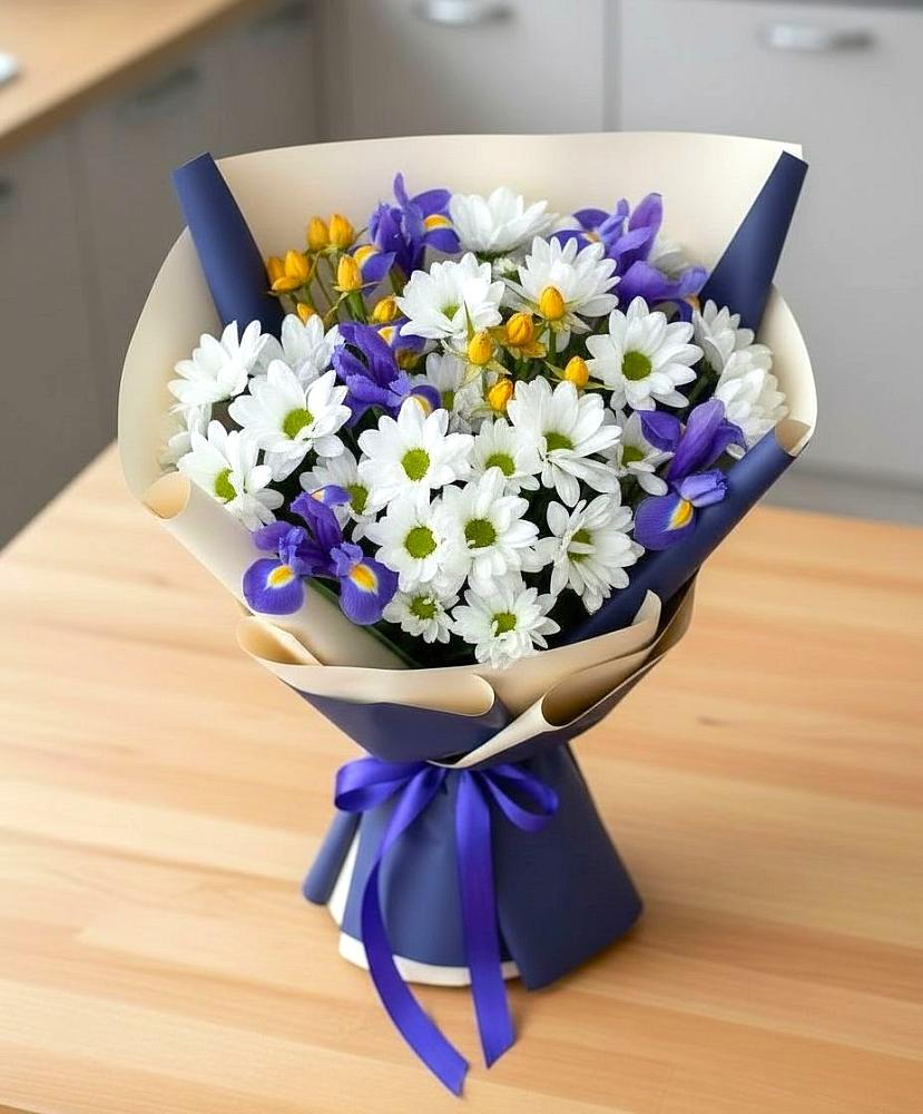 Букет цветов из: Розы, Ирисы и Хризантемы в Дергаево
