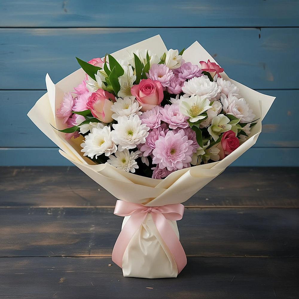 Букет цветов из: Хризантемы, Альстромерии и Розы в Дергаево